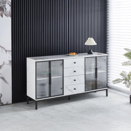 طاولة بوفيه فخمه سطح سيراميك لون ابيض ورمادي واسود