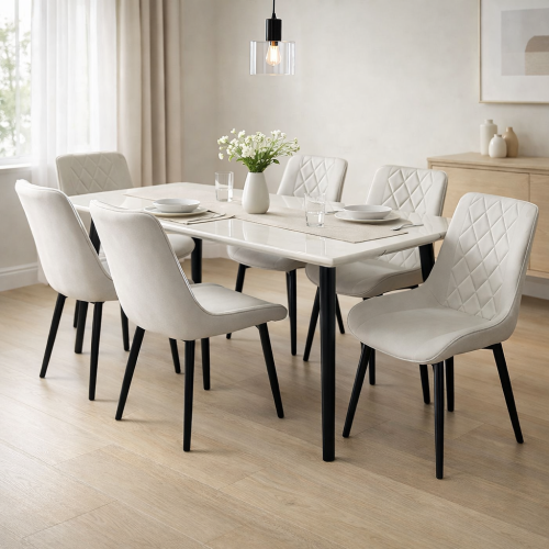 طاوله طعام رخام 6 كراسي رمادي فاتح مع فخامه الجلد