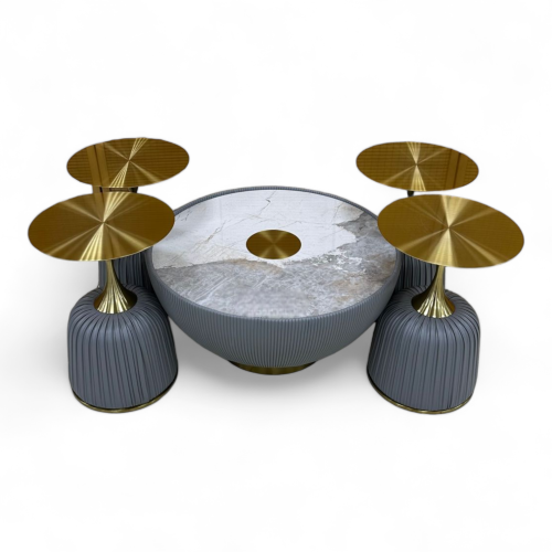 طقم طاولات قهوة 5 قطع جلد رمادي واستيل ذهبي ؤ