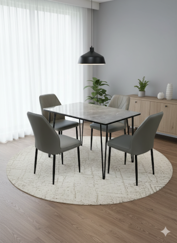 طاوله طعام خشب بديل رخام 4 كراسي جلد رمادي