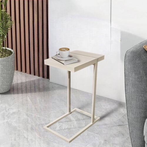 طاولة خدمة شاي جانبية ابيض ارجل حديد سطح خشب