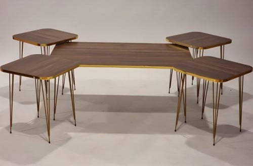 طاولات قهوة وضيافة 5 قطع بني وذهبي