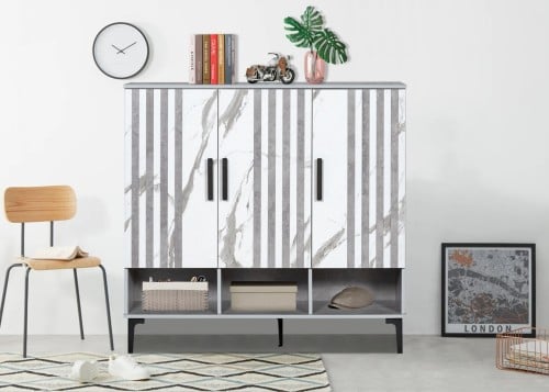 خزانه أحذية ابيض ورمادي بشكل رخام