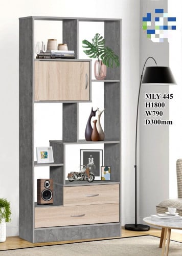 وحدة ارفف وتخزين رمادي وخشبي