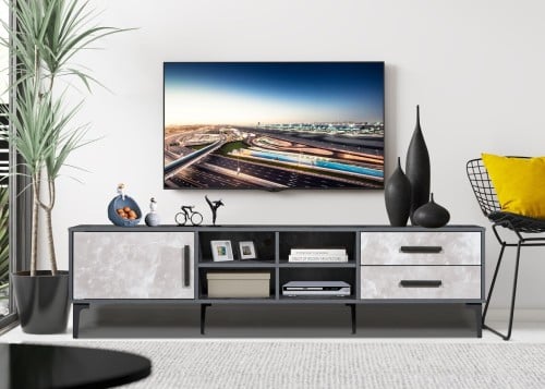 طاولة تلفزيون رمادي مع ادراج تخزين