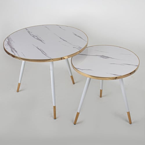 طقم طاولتين وسط متداخله ابيض وذهبي