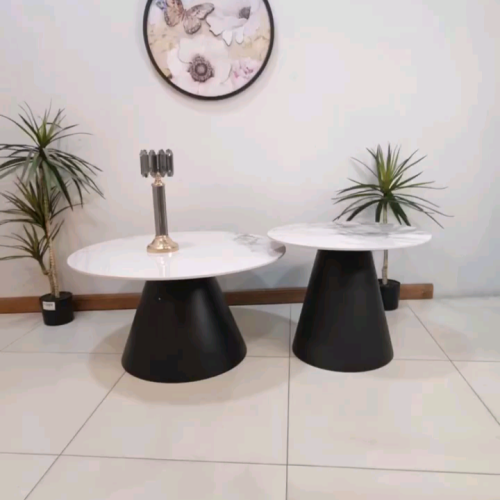 طاولة قهوة دائرية قطعتين ابيض واسود سطح سيراميك