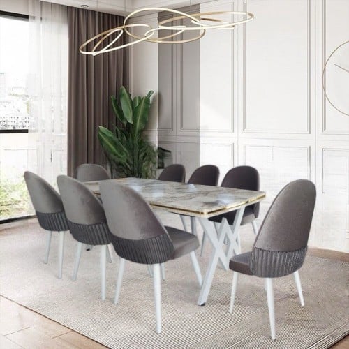 طاولة طعام 8 كراسي رمادي مخمل