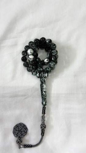 Black mixed agate prayer beads with brass accents