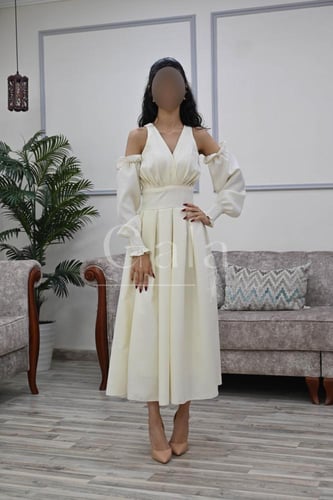 فستان ميدي اكتاف اكمام مفصوله