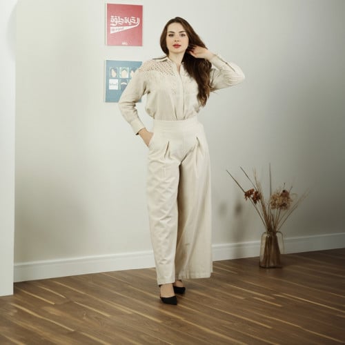 طقم بنطلون مع بلوزة لنن لون بيج من SLEEN