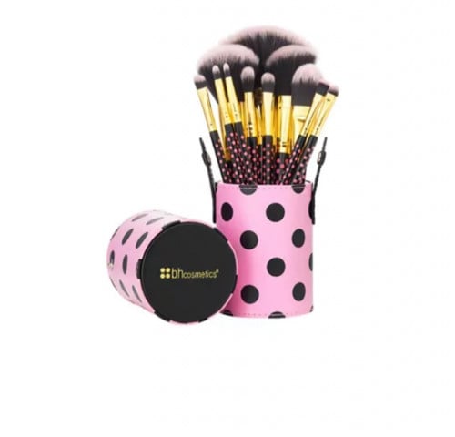 مجموعة فرش مكياج وردي منقط من بي اتش - 11 فرشاة