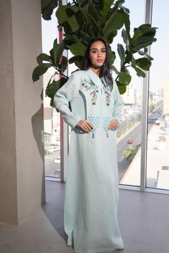 Sky blue thobe with embroidered collar style