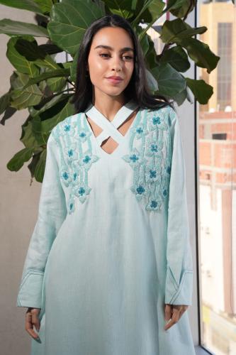 Luxury thobe with a collar cut and distinctive hand embroidery in sky blue.