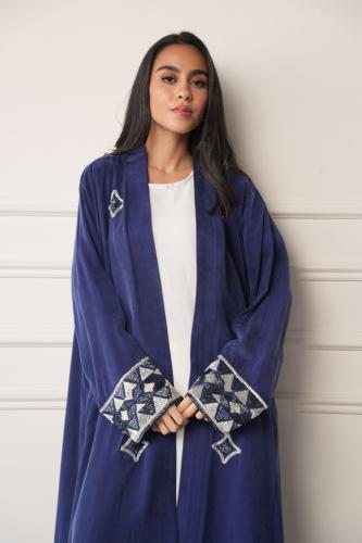 Luxury hand-embroidered abaya on the sleeves in navy blue