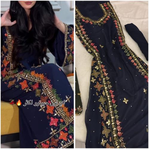 شيفون شغل يدوي خرز بالكاملvip مع شيله ساده (اللون...