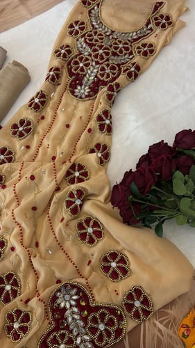 شيفون شغل يدوي ومخملي فاخر للحاشيه مع البطانه وشيل...