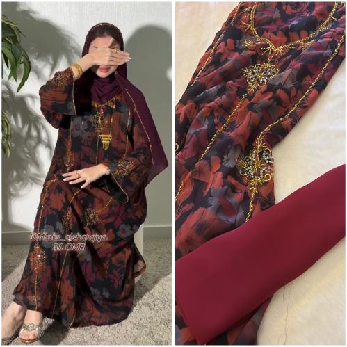 شيفون مشجر شغل يدوي خرز مع شيله ساده (بدون بطانه)