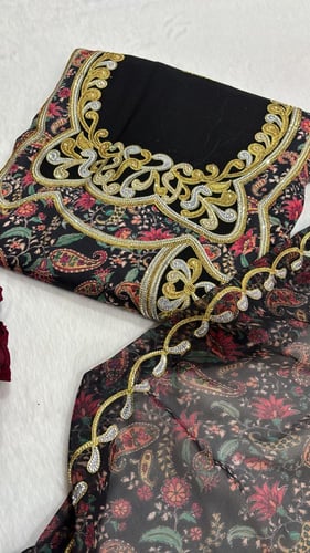 حرير ايطالي مطرز متروس كرستال اكمام عربي مع شيله ش...