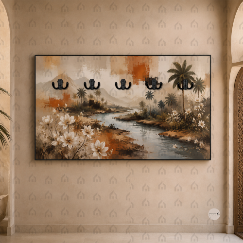 لوحة علاقات عبايات بواحة نخيل وزهور طوبي وبيج طباع...