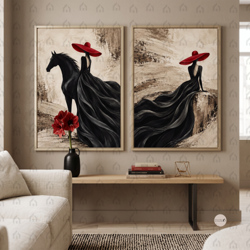 طقم لوحتين جداريتين خيل أسود وامرأة بفستان أسود طب...