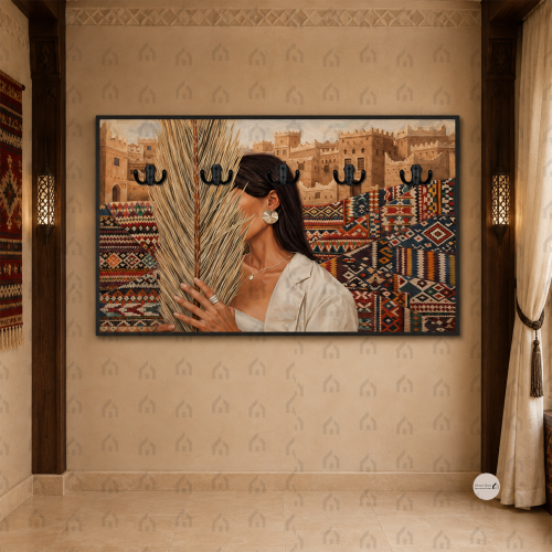 لوحة علاقات عبايات بفتاة سعودية وزخارف تراثية طباع...