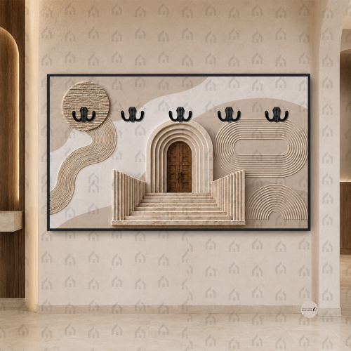 لوحة علاقات عبايات بباب تراثي وأقواس هندسية بيج وب...