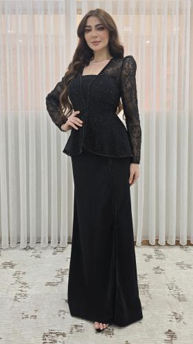 فستان أسود رسمي بتصميم قطعتين مع جاكيت دانتيل مطرز...