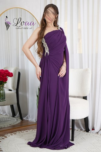 فستان سهرة بكتف واحد باللون الأرجواني مع شيفون شفا...