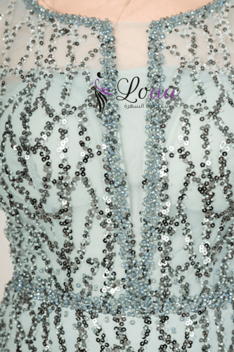 فستان سهرة بتطريز لامع وأكمام شفافة أنيقة بالترتر...