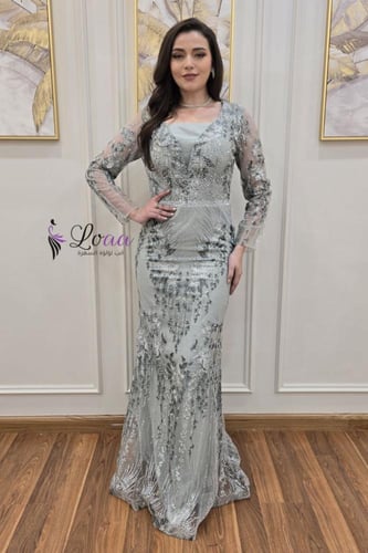 فستان سهرة فضي ملكي بتطريز زهور بارزة وأكمام طويلة...