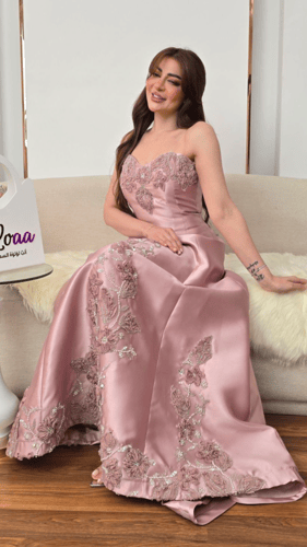 فستان الأناقة الوردي الملكي بتطريزات يدوية ولمعة ل...
