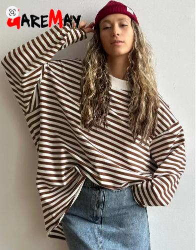 تي شيرت نسائي مخطط 95% قطن كبير الحجم أبيض وأسود ك...