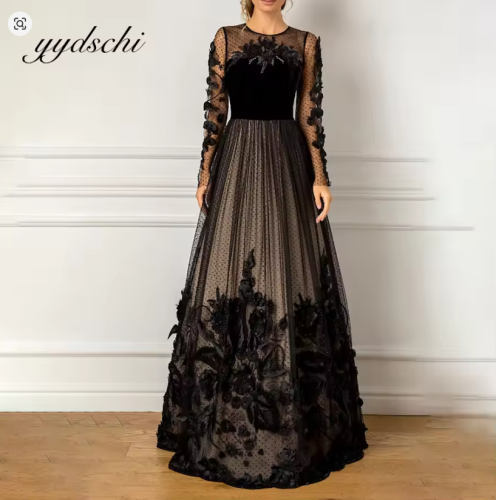 فستان حفلة موسيقية مطرز بالخرز بأكمام طويلة من الد...