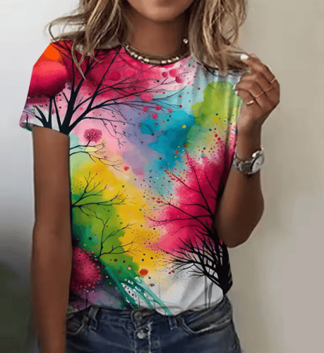 تيشيرتات نسائية بأكمام قصيرة برقبة دائرية ، طباعة...