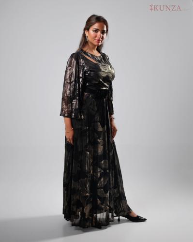 فستان "ظل الذهب" – سحر الأسود بلمسة معدنية