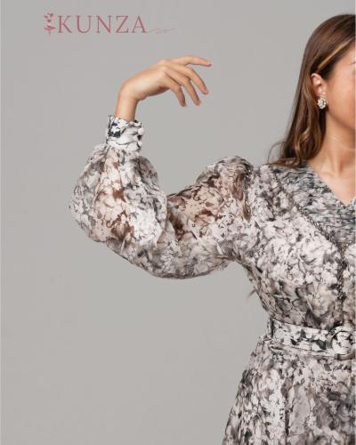 فستان ماكسي شيفون بنقشة زهور رمادية