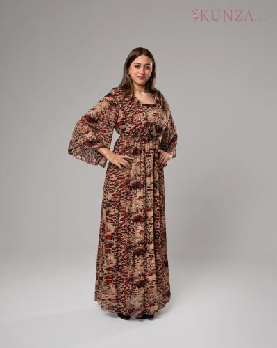 الفستان الطويل بنقشة النمر البنية والحمراء
