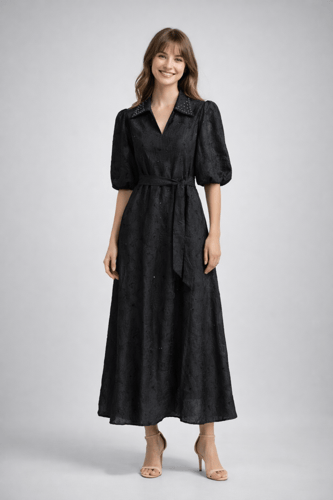 فستان "فينتاج" بياقة مرصعة midi