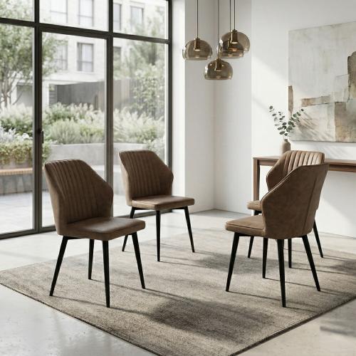 Dining chair "Vintage" – brown leather with longitudinal stitching and modern black legs
