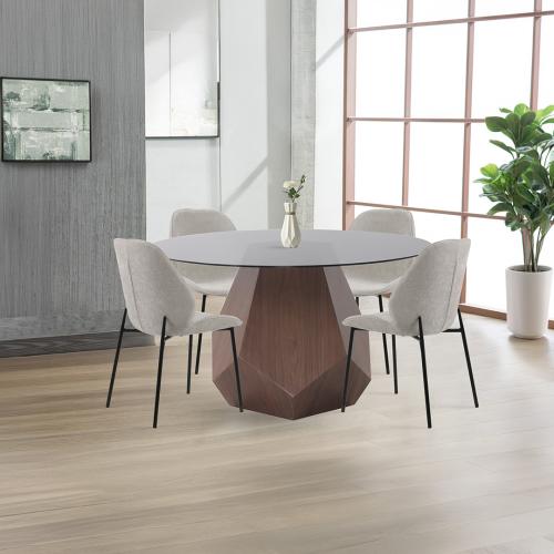 Dining table "Aurora" (Aurora) round – smoked glass surface and geometric wooden base with 4 chairs