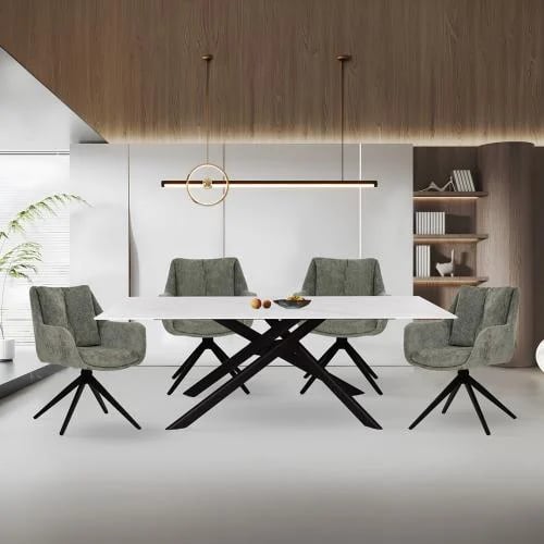 Dining table "Grand Vista" rectangular – matte marble surface and black geometric base