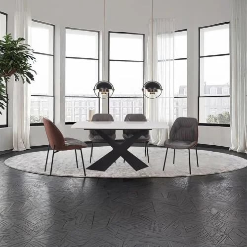 X-Line rectangular dining table – white ceramic surface and metal base with 6 chairs