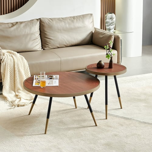 Astra round coffee table - walnut wood with gold l...
