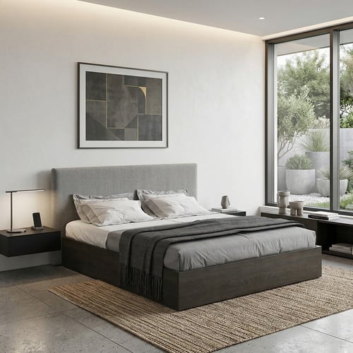 Double modern Milan bed – dark wood with gray back