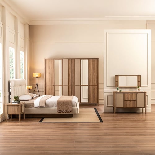 Oslo modern bedroom 5 pieces – natural wood with luxurious bouclé bed