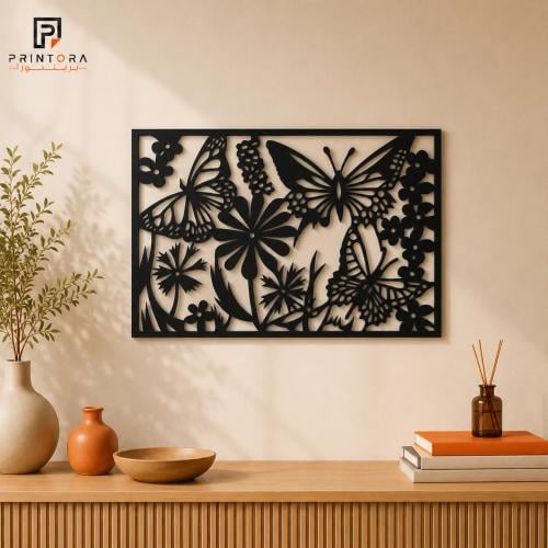 لوحة جدارية أكريليك بتصميم ورد وفراشات داخل إطار