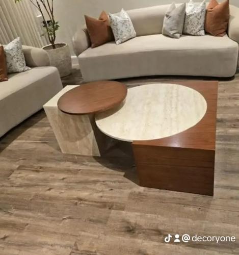 طاولة قهوة 2قطعة رخام ترفنتينو -خشب سنديان