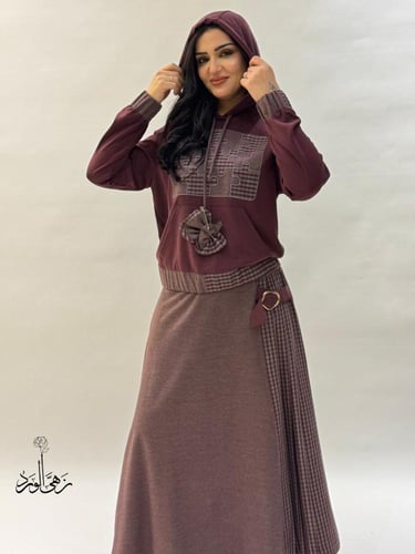 طقم شتوي نبيتي عصري تنورة كارو وهودي - زهى الورد