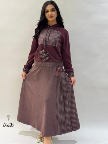 طقم شتوي نبيتي عصري تنورة كارو وهودي - زهى الورد